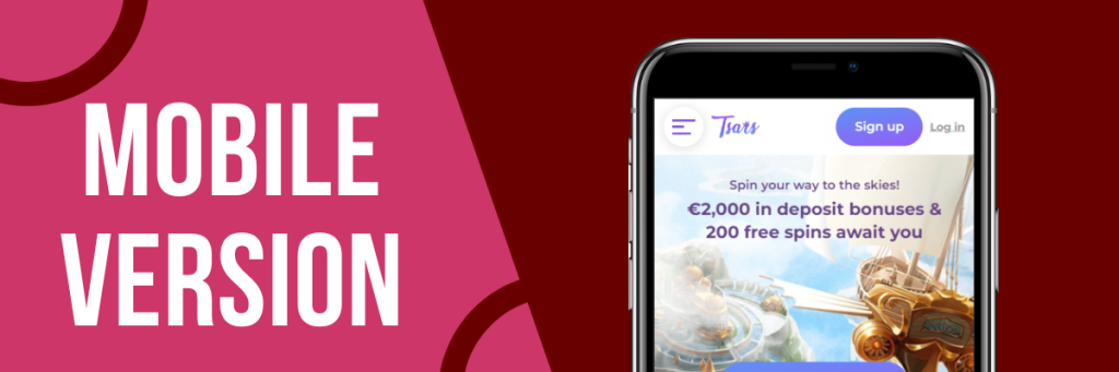 Mobile version of the Tsars Casino website 